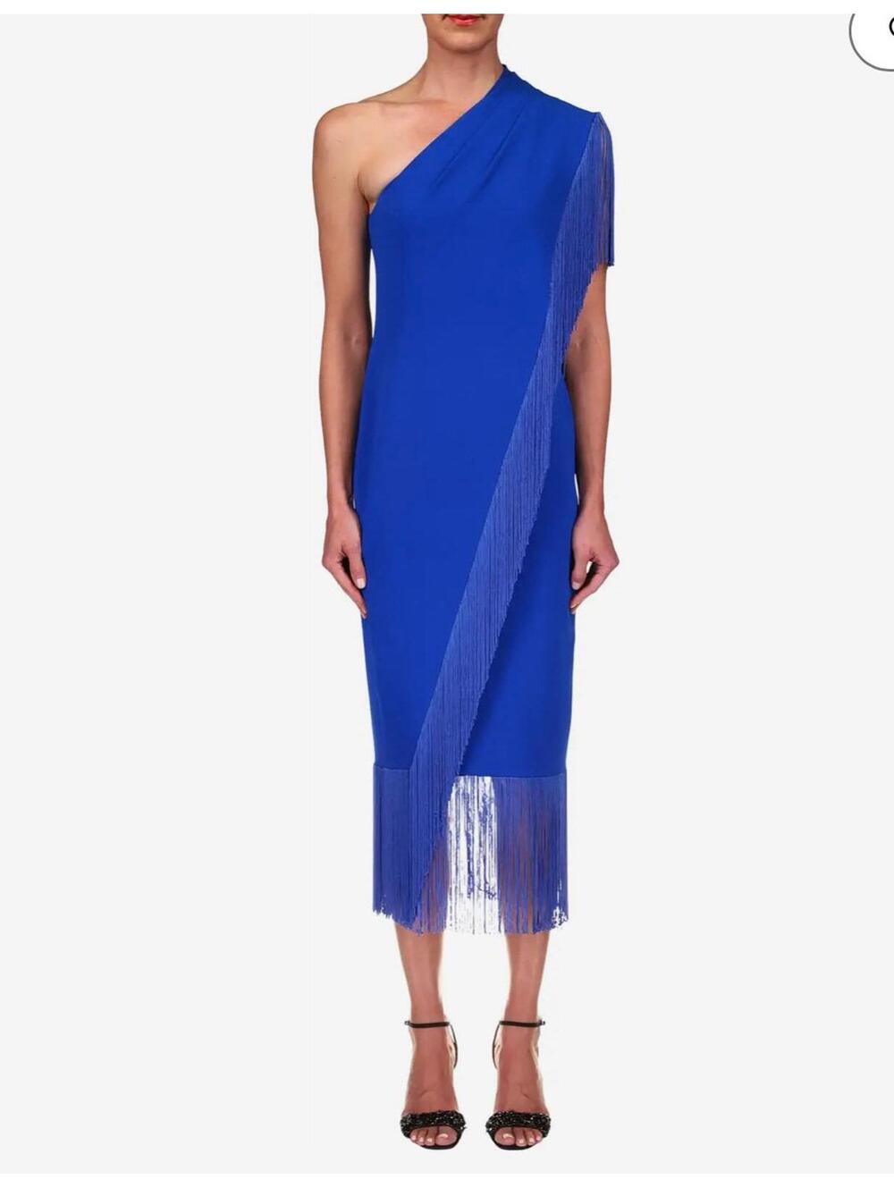 Badgley Mischka Crepe Single-Shoulder Fringed Cocktail Dress Blue Sz 6 EUC